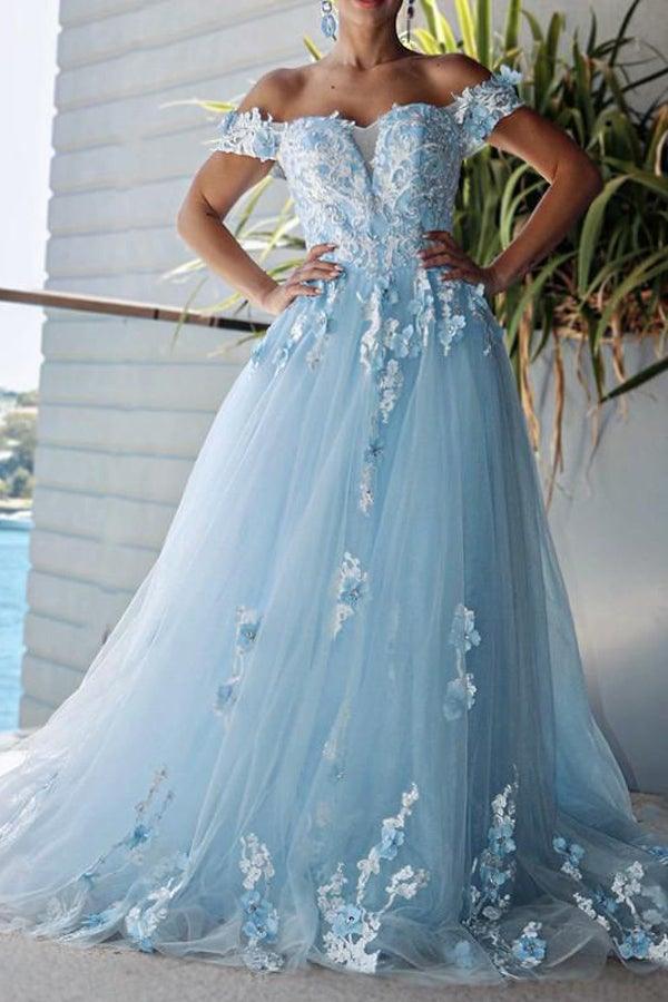 Baby Blue Off Shoulder Prom Dresses 3D Flowers Applique Ball Gowns PSK248 - Pgmdress