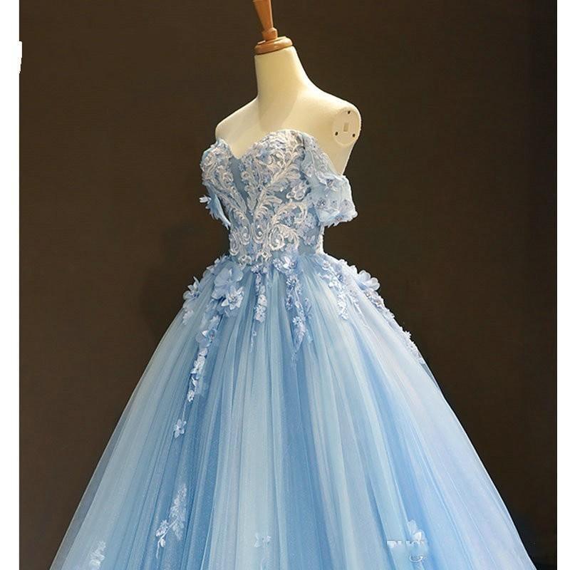 Baby Blue Off Shoulder Prom Dresses 3D Flowers Applique Ball Gowns PSK248 - Pgmdress