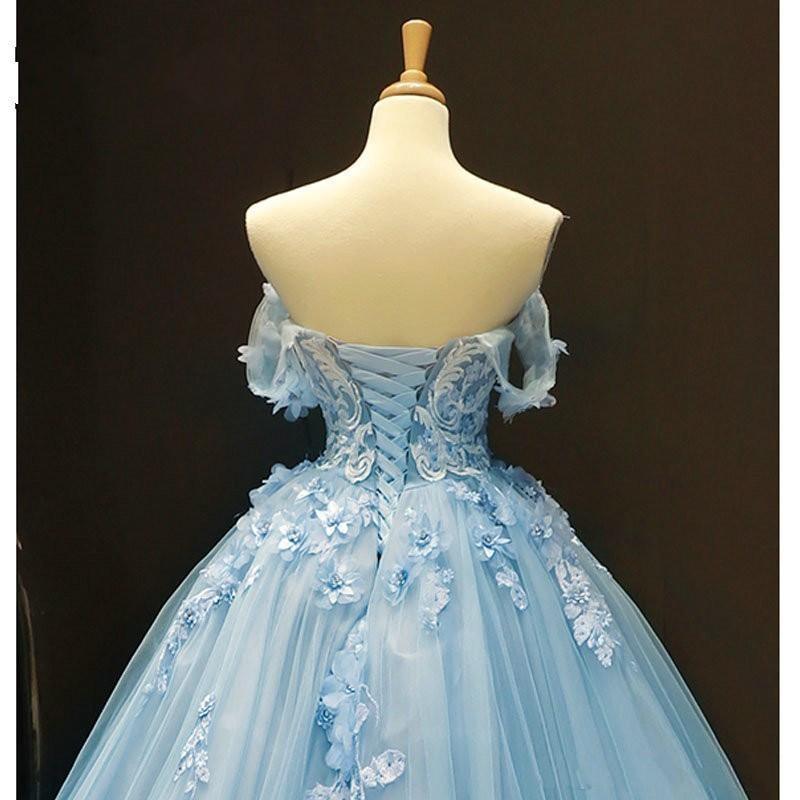 Baby Blue Off Shoulder Prom Dresses 3D Flowers Applique Ball Gowns PSK248 - Pgmdress