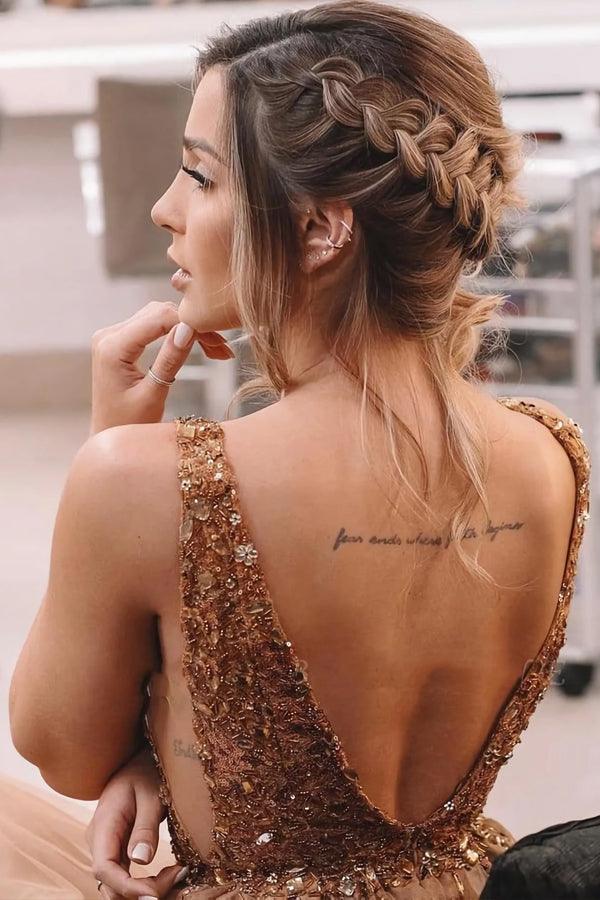 Backless Long A Line Brown Beaded Sweetheart Tulle Prom Dresses PSK344 - Pgmdress