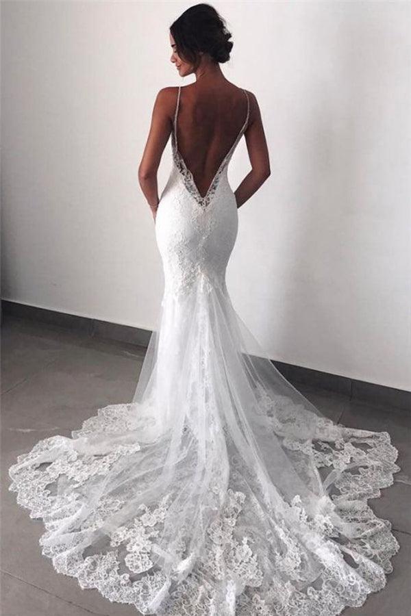 Sexy Backless Lace Mermaid Wedding Dress Spaghetti Strap V Neck Appliques  Wedding Gowns Pretty Long Bridal Dresses Custom Made - AliExpress