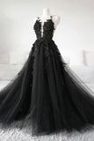 Ball Gown Deep V Neck Black Long Prom Dress with Appliques WD571-Pgmdress