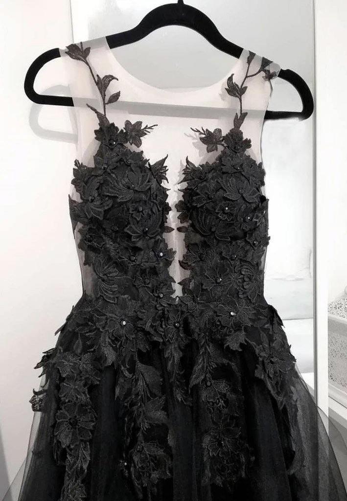 Ball Gown Deep V Neck Black Long Prom Dress with Appliques WD571-Pgmdress