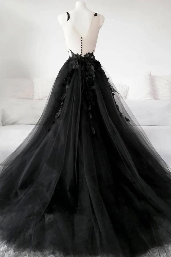 Ball Gown Deep V Neck Black Long Prom Dress with Appliques WD571-Pgmdress