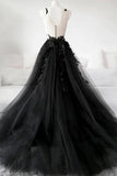 Ball Gown Deep V Neck Black Long Prom Dress with Appliques WD571-Pgmdress
