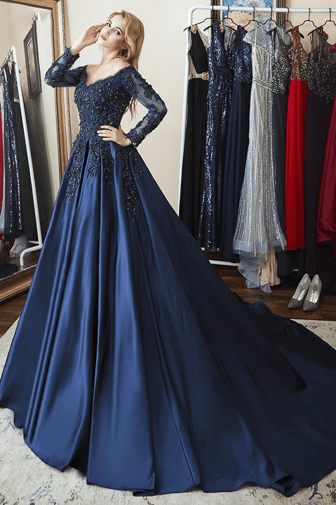 Ball Gown Long Sleeves Off Shoulder Beaded Navy Blue Prom Dress PSK342 - Pgmdress