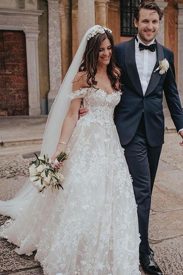 Ball Gown Off the Shoulder Tulle Wedding Dresses with Lace Appliques WD582 - Pgmdress