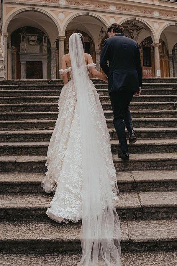 Ball Gown Off the Shoulder Tulle Wedding Dresses with Lace Appliques WD582 - Pgmdress