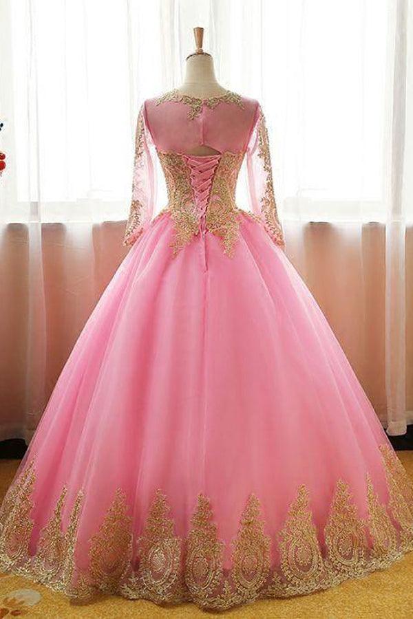 Ball Gowns Scoop Pink Tulle Applique Modest Long Prom Dress Evening Dress PSK061 - Pgmdress