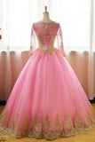 Ball Gowns Scoop Pink Tulle Applique Modest Long Prom Dress Evening Dress PSK061 - Pgmdress