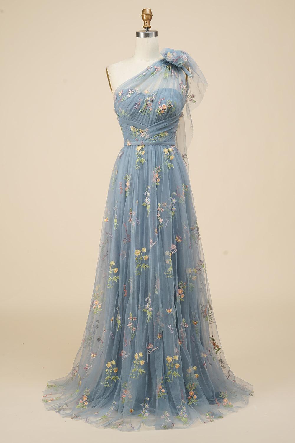 A-Line One-Shoulder Floral Embroidery Blue Long Prom Dress PSK320 US10 / Blue