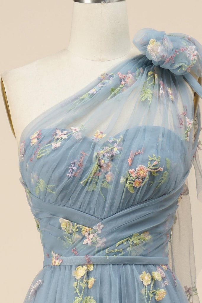 Blue-Grey Floral Embroidery One-Shoulder A-Line Prom Dress PSK320 - Pgmdress