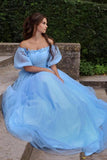 Robe de bal longue princesse bleue à épaules dénudées en tulle floral A-ligne PSK269