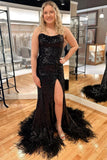 Blue Sequin Feather Back Mermaid Sparkly Long Prom Dress with Slit PSK419 - Pgmdress