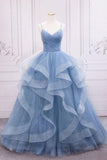 Robe de bal longue bleue en tulle à paillettes, robe de soirée en tulle bleu PSK317