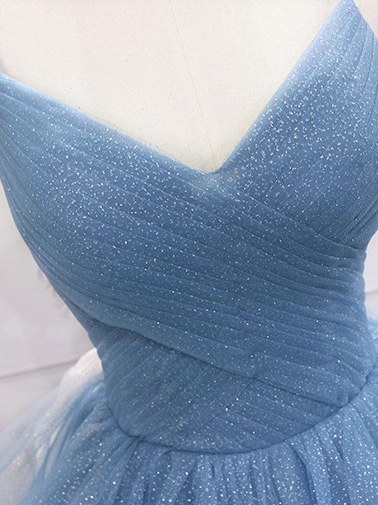 Blue Tulle Sequin Long Prom Dress Blue Tulle Formal Dress PSK317 - Pgmdress
