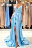 Blue V-Neck Satin Long Prom Dress Simple A-Line Evening Dress PSK396 - Pgmdress