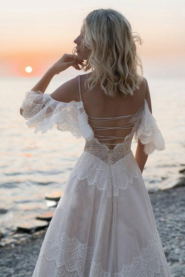 Bohemia Straps Off Shoulder Charming Lace Beach Wedding Dresses WD557 - Pgmdress