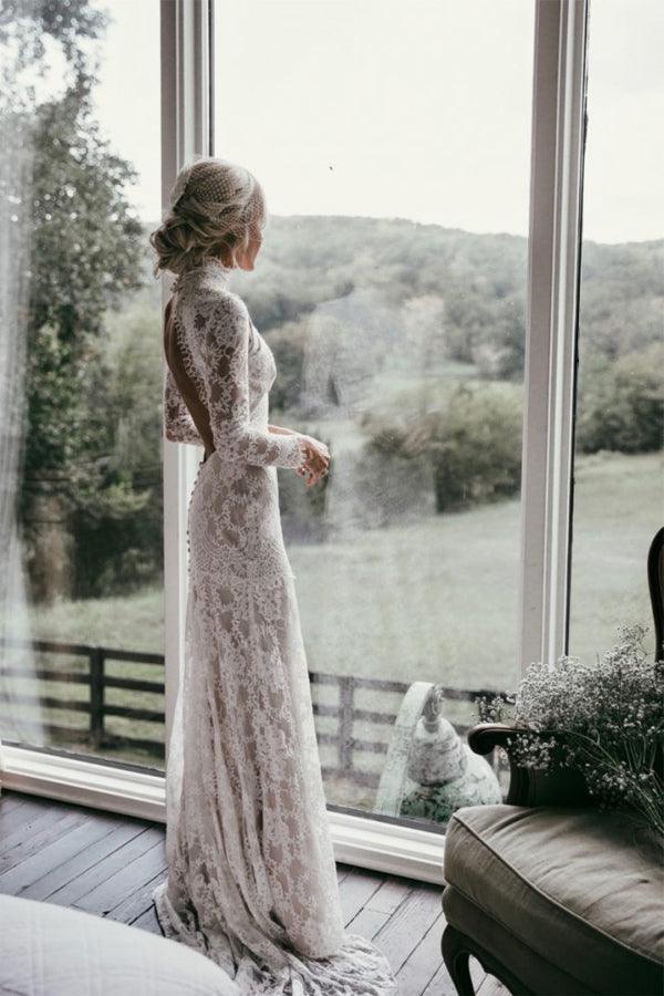Boho High Neckline Long Sleeves Lace Wedding Dresses Rustic Wedding WD594 - Pgmdress