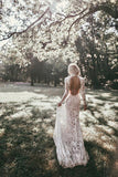 Boho High Neckline Long Sleeves Lace Wedding Dresses Rustic Wedding WD594 - Pgmdress