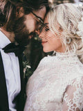 Boho High Neckline Long Sleeves Lace Wedding Dresses Rustic Wedding WD594 - Pgmdress