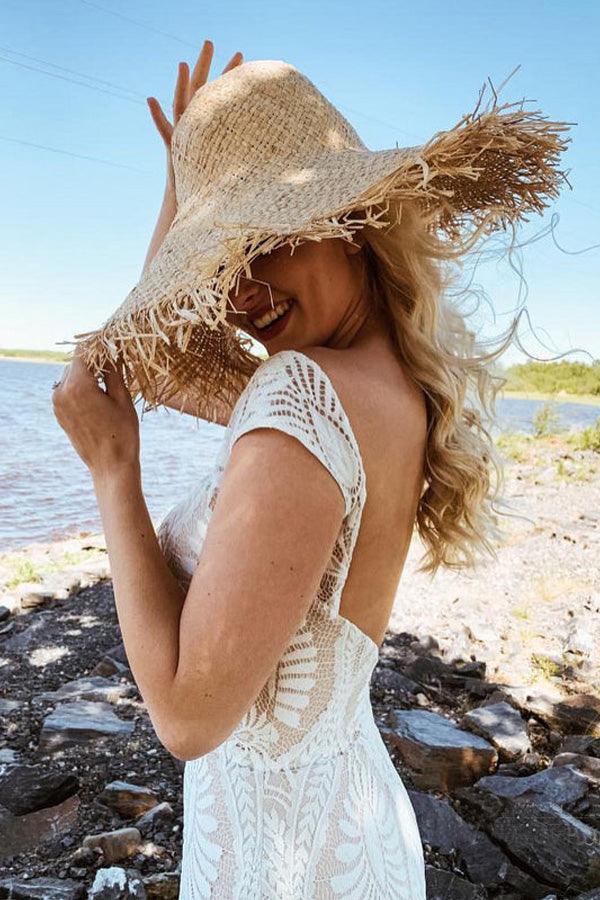 Boho Lace Sheath Sweep Train Sheath Beach Wedding Dresses WD592 - Pgmdress