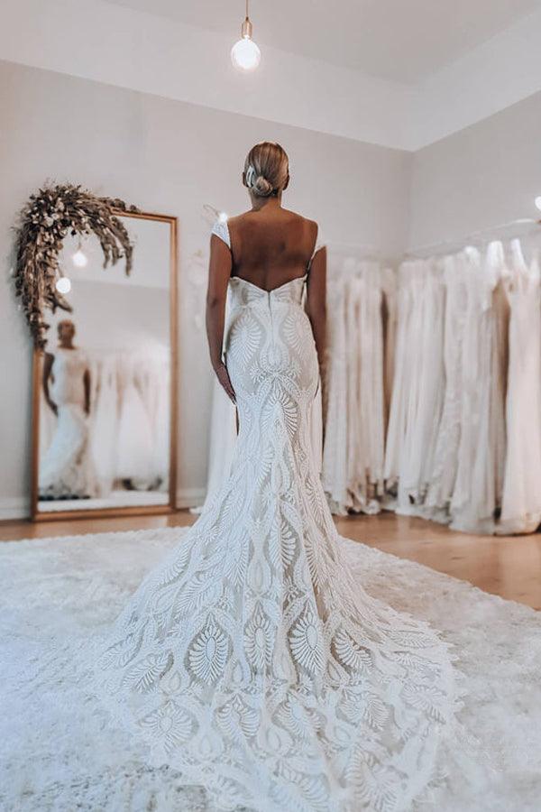 Boho Lace Sheath Sweep Train Sheath Beach Wedding Dresses WD592 - Pgmdress