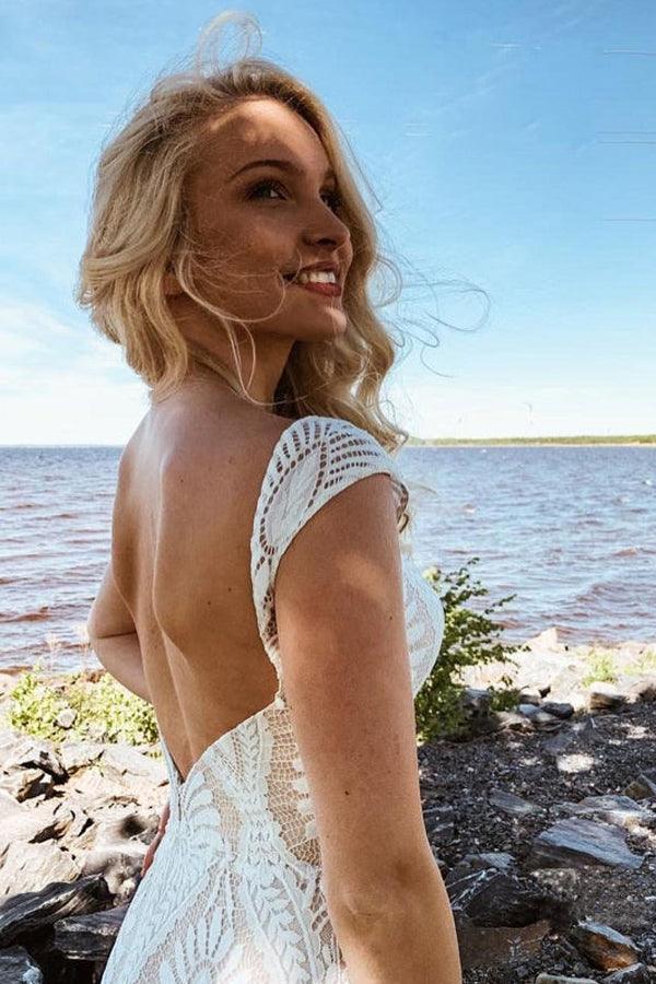 Boho Lace Sheath Sweep Train Sheath Beach Wedding Dresses WD592 - Pgmdress