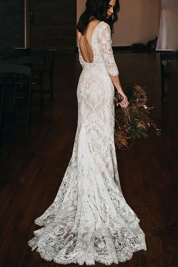 Boho Lace V Neck Mermaid Wedding Dresses With Court train WD581 - Pgmdress