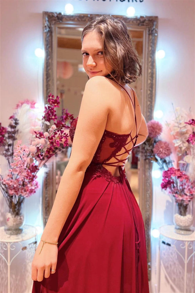 Burgundy Plunging V Neck Beaded Appliques Long Prom Dress with Slit PSK414 - Pgmdress