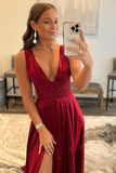 Burgundy V Neck Lace Long Prom Evening Dress with High Slit PSK328 - Pgmdress