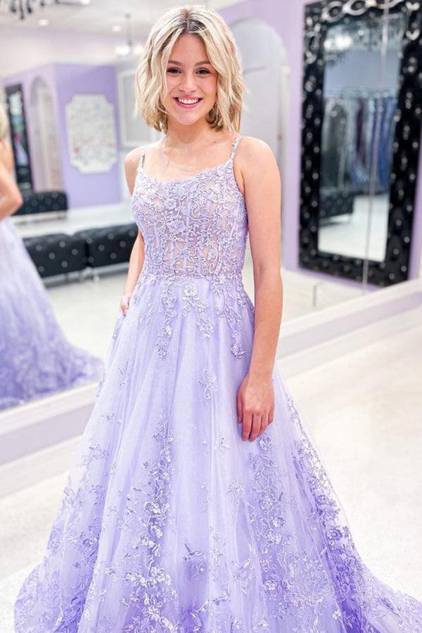 Charming A-line Lace Appliques Spaghetti Straps Lilac Prom Dresses PSK276 - Pgmdress