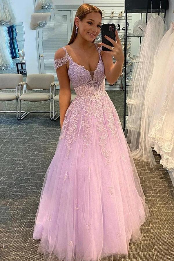 pgmdress Charming Tulle A-Line V Neck Prom Dresses with Lace Appliques US0 / Pink