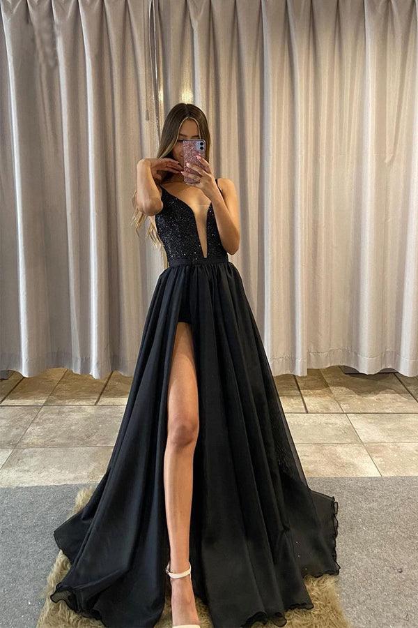 Classic Detachable A-Line V-Neck Sequins Black Tulle Prom Formal Gown PSK383
