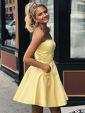 Simple Strapless Short Prom Dress Yellow Homecoming Dress with Pockets PD322 - Pgmdress