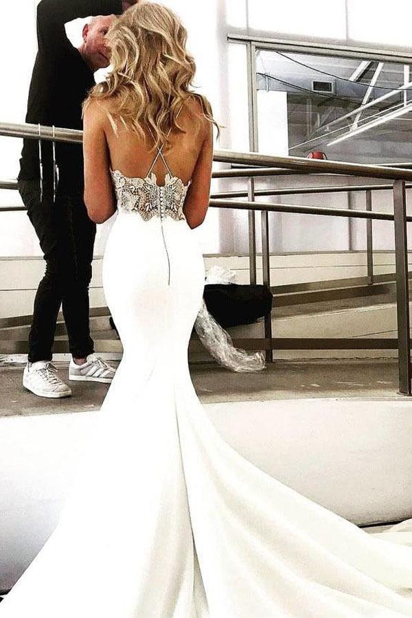 Deep V Neck Mermaid Spaghetti Straps Backless Wedding Dress WD586 - Pgmdress