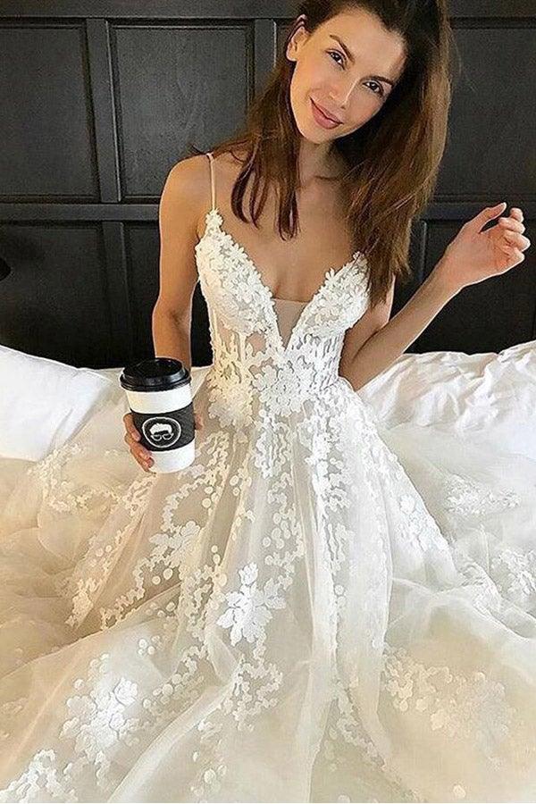 Deep V Neck Spaghetti Straps Beach Wedding Dress Bridal Gown WD556 - Pgmdress
