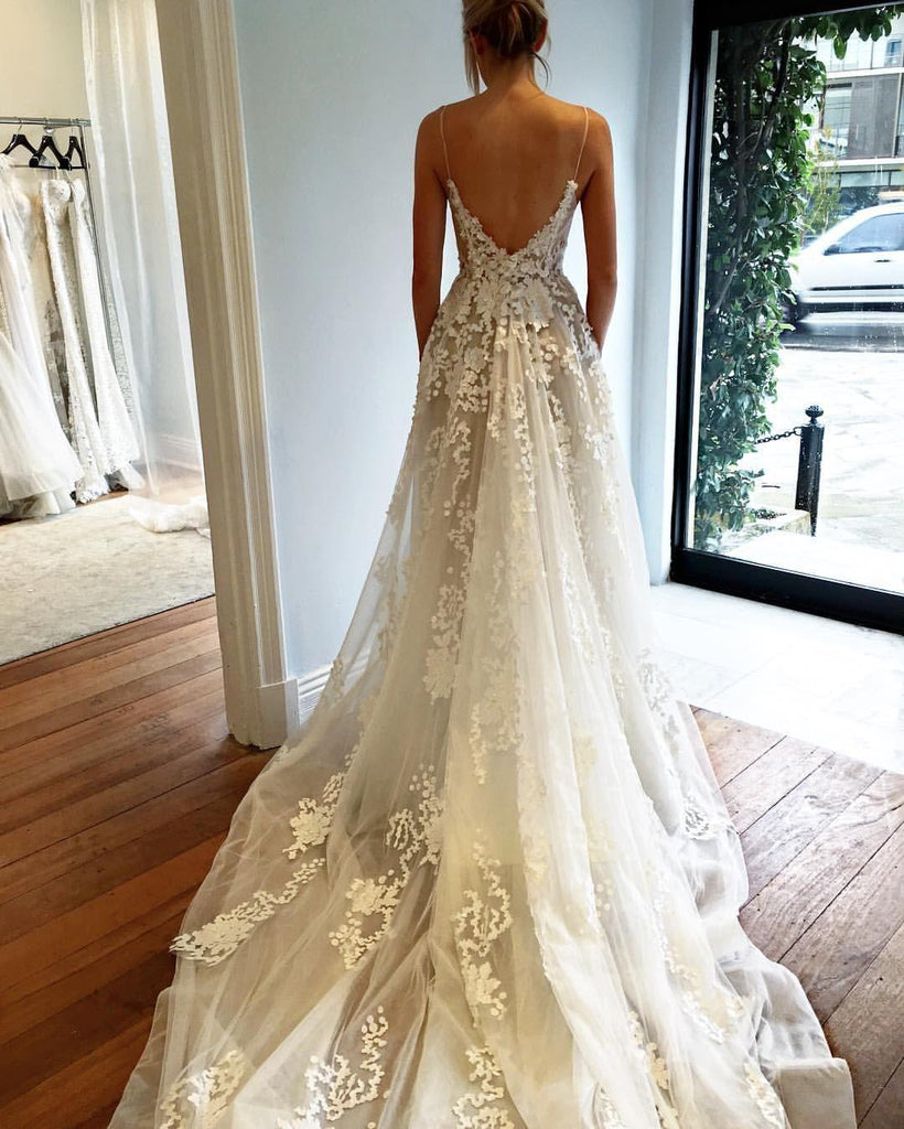 Deep V Neck Spaghetti Straps Beach Wedding Dress Bridal Gown WD556 - Pgmdress