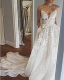 Deep V Neck Spaghetti Straps Beach Wedding Dress Bridal Gown WD556 - Pgmdress