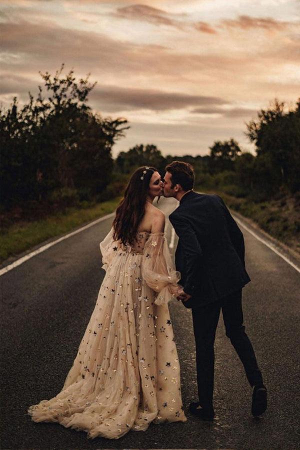 Detachable Sleeves Sweetheart Neckline Sequin Lace A-line Wedding Dresses WD596 - Pgmdress