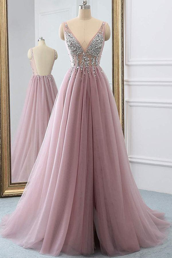 Sparkly V Neck A Line Tulle Beading Dusty Pink Long Prom Dress PG875 Custom Size / Dusty Pink Sparkly V Neck A Line Tulle Beading Dusty Pink Long Prom Dress PG875 Custom Size / Dusty Pink