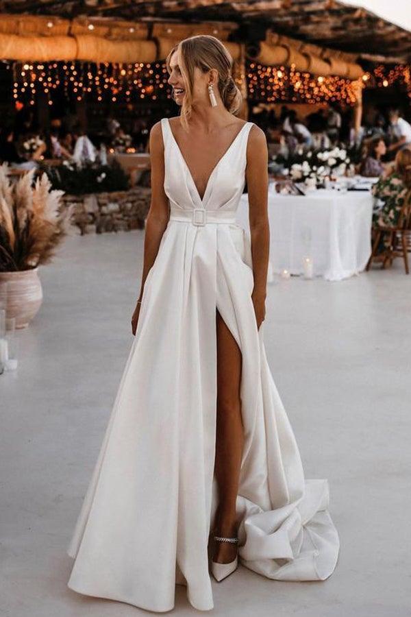 Elegant A-Line Satin V-Neckline Sweep Train Wedding Dress WD564 US18 / White Elegant A-Line Satin V-Neckline Sweep Train Wedding Dress WD564 US18 / White
