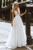 Elegant A-line V Neck Lace Beach Wedding Dresses Bridal Gown WD607 - Pgmdress