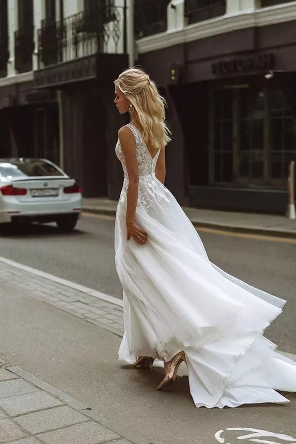 Elegant A-line V Neck Lace Beach Wedding Dresses Bridal Gown WD607 - Pgmdress