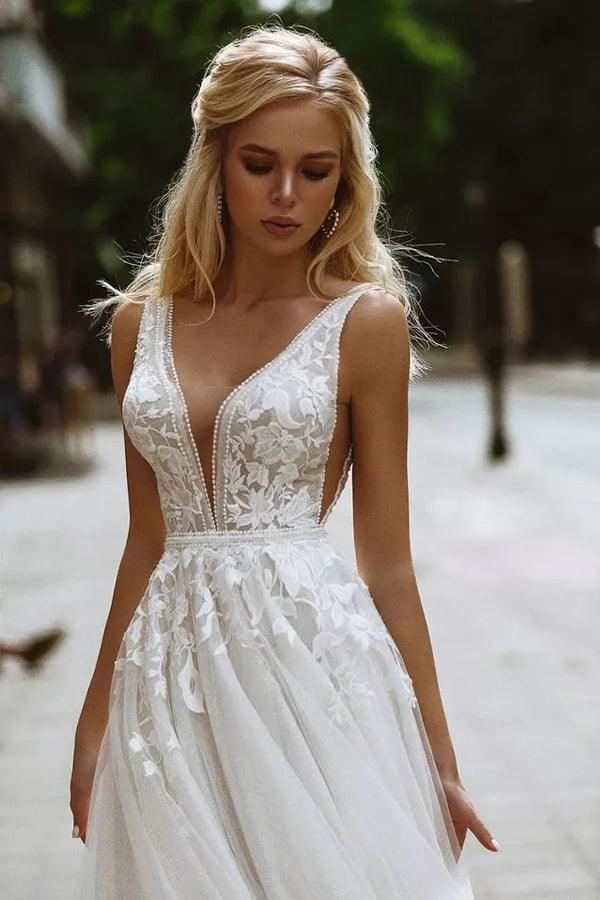 Elegant A-line V Neck Lace Beach Wedding Dresses Bridal Gown WD607 - Pgmdress