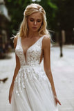 Elegant A-line V Neck Lace Beach Wedding Dresses Bridal Gown WD607 - Pgmdress