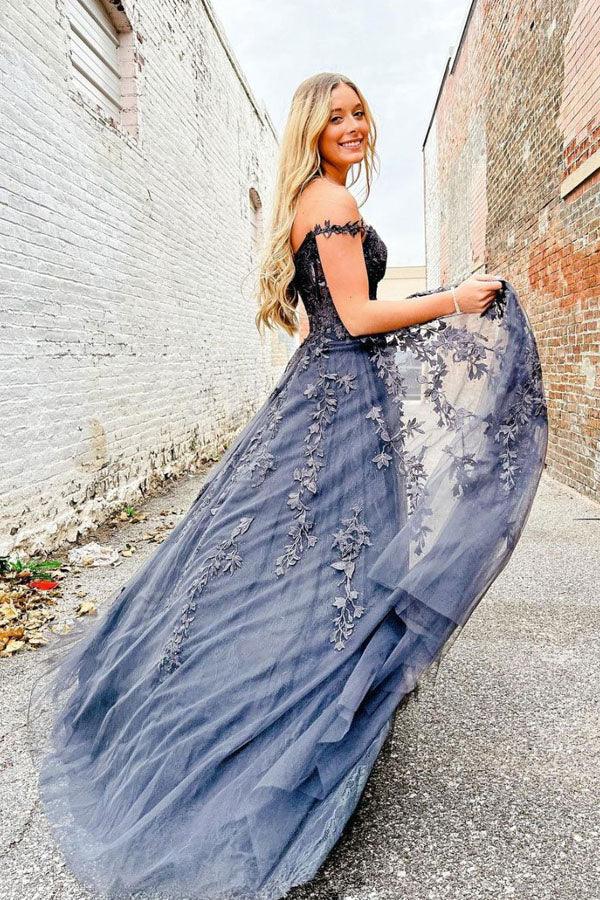 Elegant A Line Sweetheart Neck Tulle Lace Off Shoulder Long Prom Dress PSK423 - Pgmdress