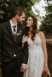 Elegant Appliqued Straps V-Neck Backless A-line Wedding Dresses WD552 - Pgmdress