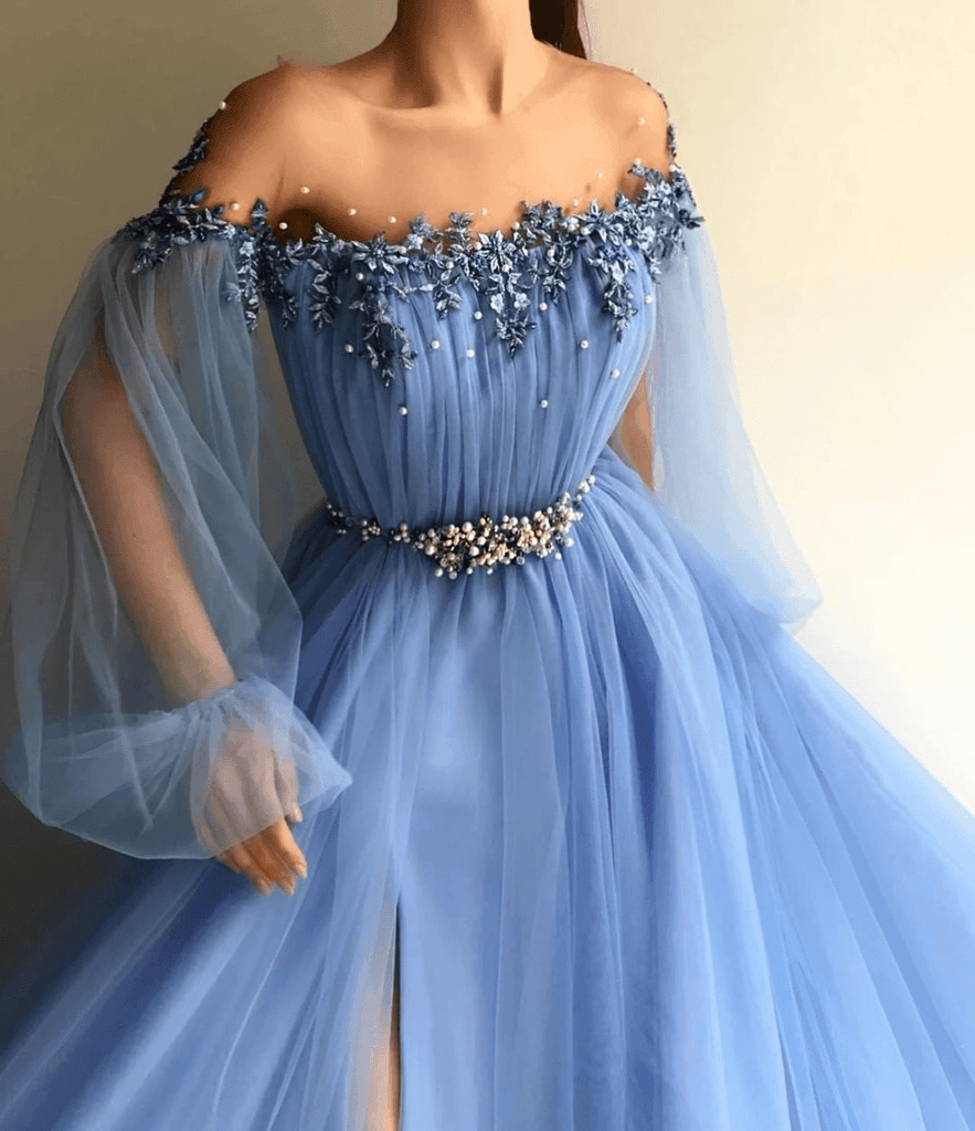 Elegant Blue Long Sleeves Off the Shoulder Split Prom Dress WD572 - Pgmdress