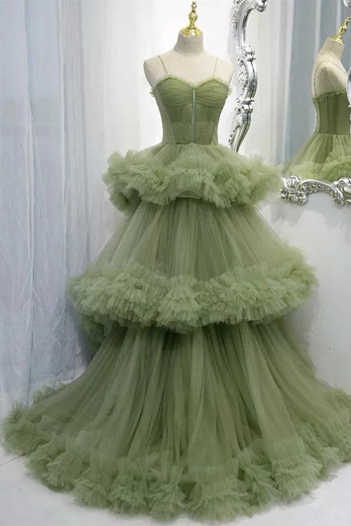 Elegant Straps Pleated Green Tiered Tulle Prom Formal Dress PSK417 - Pgmdress
